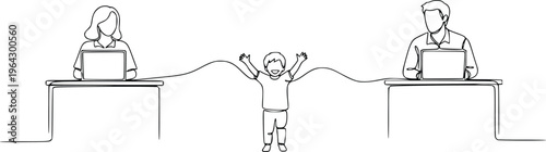 Parents Working on Laptops with Child Continuous Line Drawing Vector