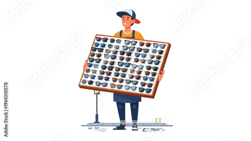 Sunglasses seller: An animated street vendor presents a variety of stylish sunglasses, offering a glimpse into the world of fashion accessories and retail commerce.