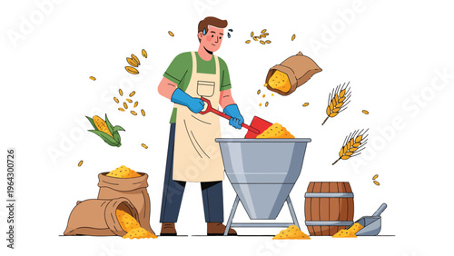 Grain Handler's Task: An individual meticulously works with grain, managing the harvest with care and precision, surrounded by the essential tools of their trade.