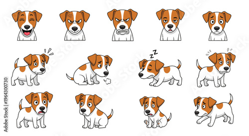 Cute cartoon Parson Russell Terrier displaying various emotions and actions  