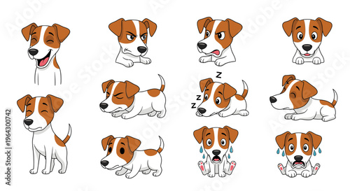 Cartoon Parson Russell Terrier expressing various emotions and actions  