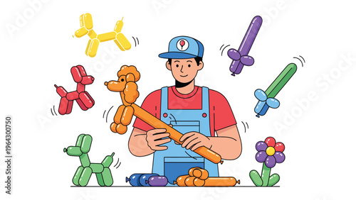 Balloon Artist's Colorful Creations: A skilled balloon artist stands proudly amidst their vibrant balloon sculptures, showcasing the whimsical artistry of creating playful figures.