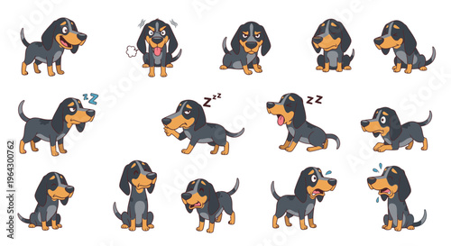 Cartoon Bluetick Coonhound expressing various emotions and actions  