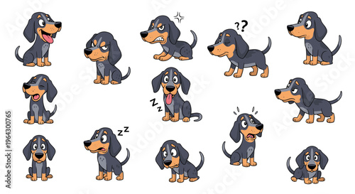 Cartoon Bluetick Coonhound dog in various playful expressions  