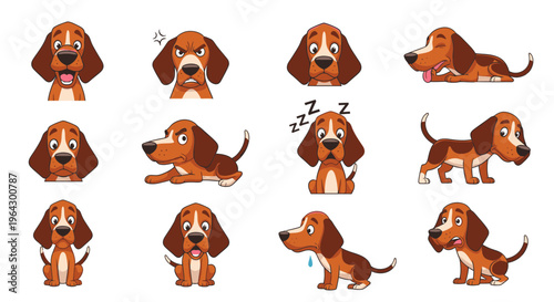 Cartoon Redbone Coonhound showing various emotions and actions  