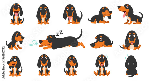 Cartoon black and tan coonhound in various playful poses  