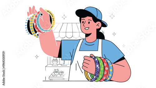 Bracelet Seller's Delight: A street vendor, radiating charm, presents a colorful array of handcrafted bracelets, a testament to artistry and entrepreneurial spirit. 
