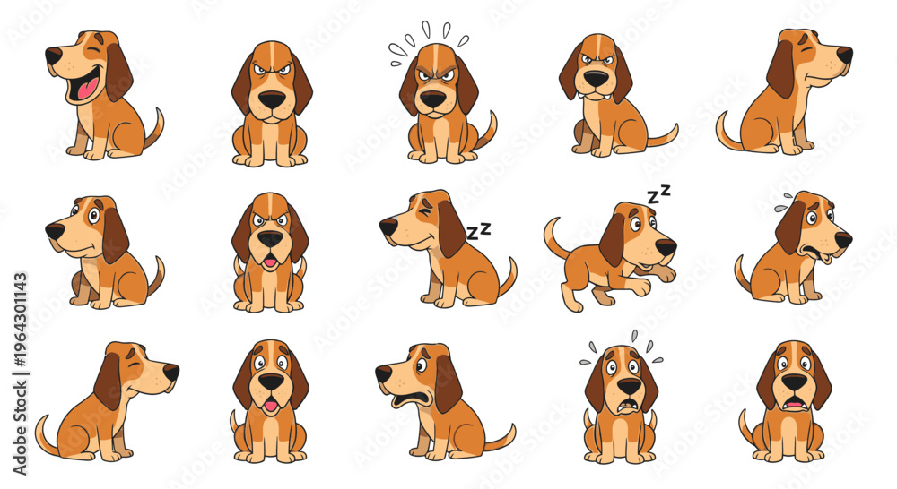 Fototapeta premium Cartoon Plott Hound expressing different emotions and actions in design 