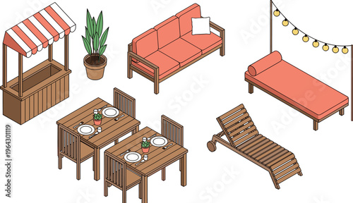 Isometric vector illustration set of outdoor cafe and patio furniture including wooden tables, chairs, sofa, sun lounger, and market stall