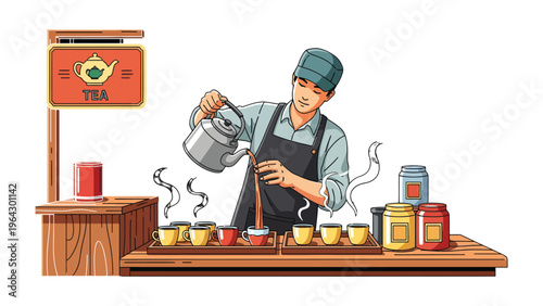 Tea Pouring Ceremony: A tea ceremony unfolds as a skilled server pours tea into cups, inviting moments of relaxation and appreciation of the fine drink.