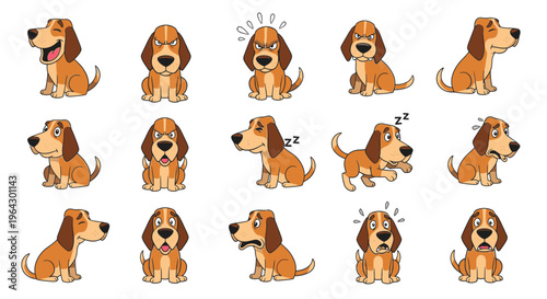 Cartoon Plott Hound expressing different emotions and actions in design  