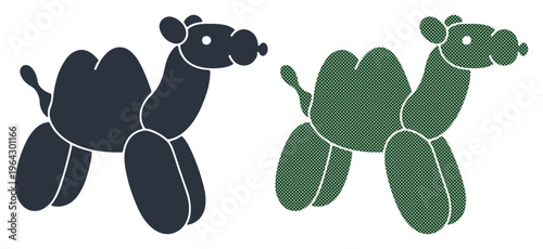 Two whimsical balloon camels, one dark blue and one green, stand side-by-side on a white background.