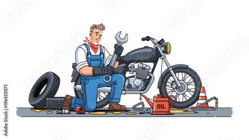 Motorcycle Mechanic: A skilled mechanic meticulously repairs a motorcycle, surrounded by tools of the trade, demonstrating expertise and dedication in his work.