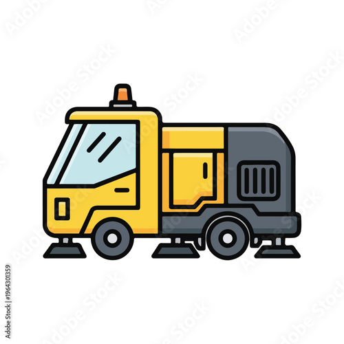 Yellow road sweeper vehicle with gray body and black brushes