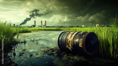 Rusty industrial waste barrels polluting a murky lake near a smoking factory under a cloudy rural sky