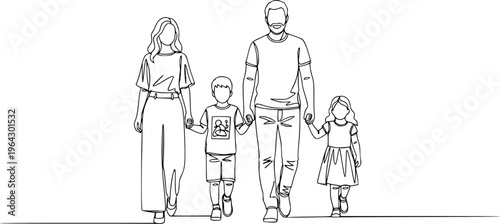 Happy Family Walking Together Holding Hands Continuous Line Hand Drawn Vector Illustration