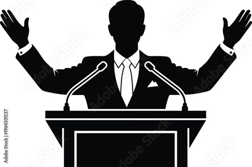 Public Speaker Silhouette Giving Speech at Podium, Professional Orator Addressing Audience During Conference, Political Leader Presentation, Motivational Seminar Vector Illustration,