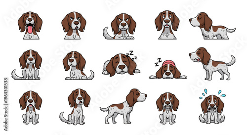 Cartoon illustrations of German Longhaired Pointer dog expressions and poses  