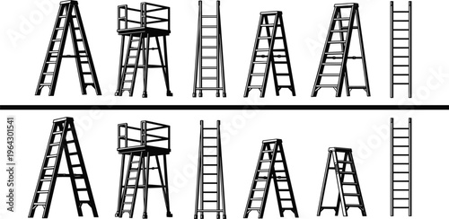 Ladder Icon Set Collection Vector Illustration, Industrial Step Ladder Platform Extension Ladders Silhouette, Construction Tool Equipment Symbols, Home Repair Maintenance Graphics.