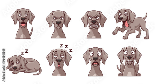 Weimaraner dog character showing various emotions in cartoon style  