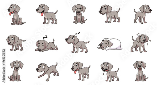 Cartoon Weimaraner dog displaying various emotions and activities  
