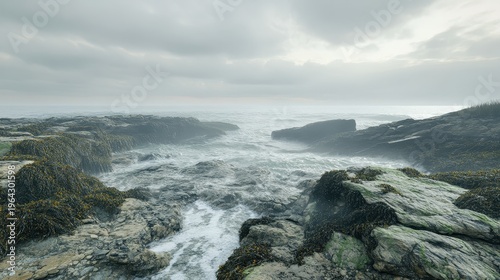 Rocky coastline showing significant erosion from rough seas and overcast skies, representing coastal environmental challenges
