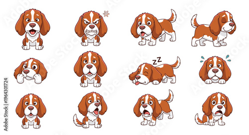 Cartoon Clumber Spaniel dog expressing various emotions and actions  