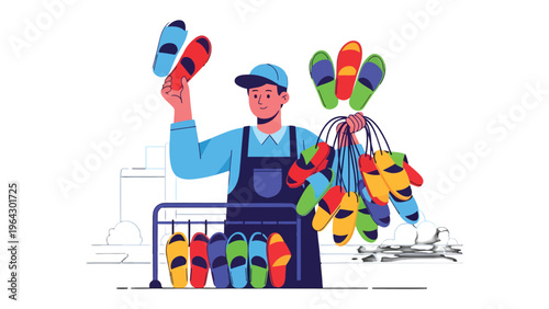 Shopkeeper with Flip-flops: A shopkeeper stands proudly, showcasing a vibrant array of colorful flip-flops, ready for customers.