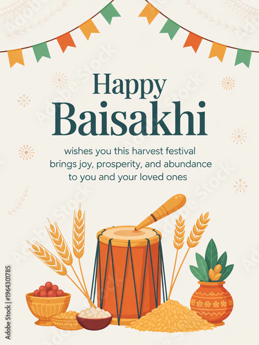 Happy Baisakhi harvest festival greeting card with dhol, wheat stalks, earthen pot, and grain bowl — traditional Punjabi celebration poster wishing joy, prosperity, and abundance