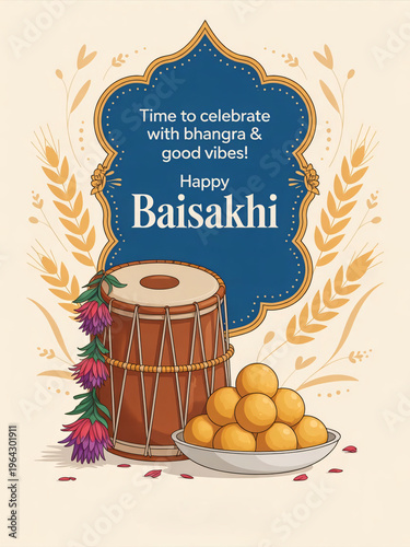 Happy Baisakhi festival celebration poster with dhol, laddoo sweets, and wheat stalks — vibrant Punjabi harvest festival greeting card with bhangra and traditional Indian festive design