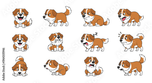 Cute cartoon Pyrenean Shepherd dog in various playful poses  