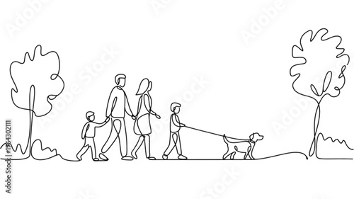 Continuous line drawing of a family walking a dog in a park representing togetherness and outdoor leisure perfect for lifestyle and conceptual use