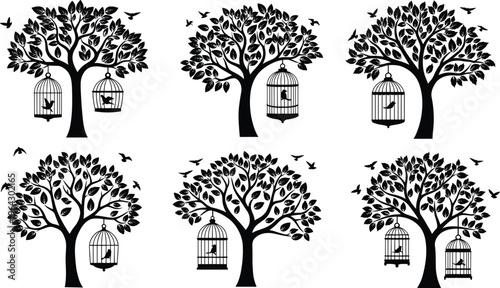 Set of black silhouette trees with flying birds and hanging bird cages, nature vector illustrations for interior wall decor and stickers.