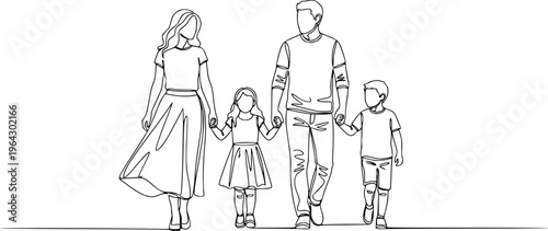 Happy Family Walking Together Holding Hands Continuous Line Drawing Vector Illustration