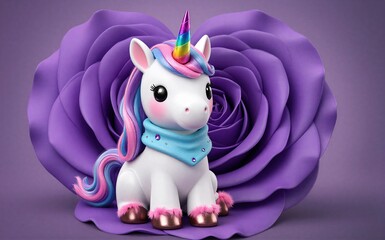 Cute unicorn with rainbow horn sits on purple rose wearing a blue