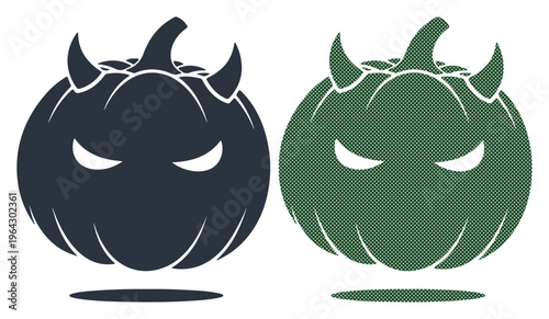 Spooky devil pumpkins with horns and glowing eyes on a white background