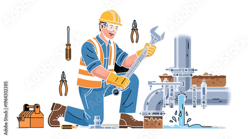 Diligent Repairman at Work: A skilled repairman, equipped with essential tools and wearing protective gear, diligently addresses a water system issue.