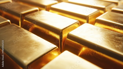 Rows of gleaming gold bullion bars stacked closely together under bright studio lighting, signifying wealth and financial security.