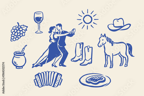 Argentina culture doodle icon set hand drawn vector illustration