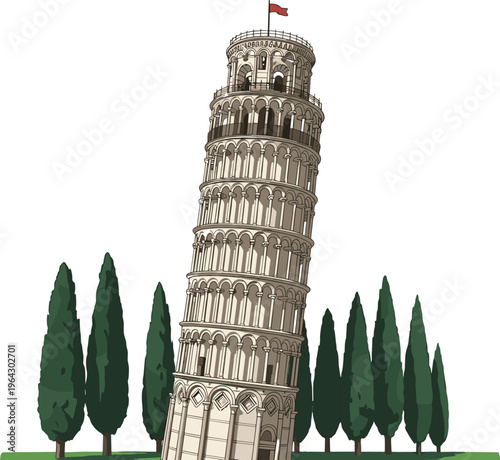 Vector illustration of the Leaning Tower of Pisa in Italy, famous historical landmark with cypress trees, European travel and tourism design