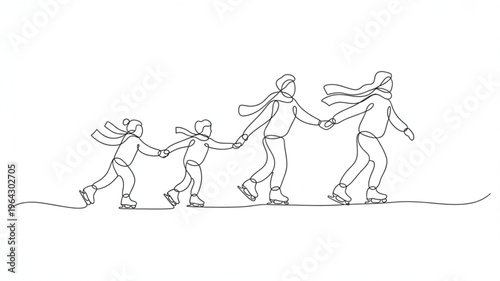 Family ice skating in a line continuous one line drawing winter activity concept for holiday or sport illustration isolated on white