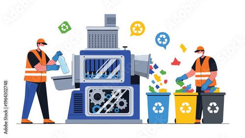 Recycling Revolution: A vibrant illustration showcasing the crucial process of recycling, featuring workers efficiently sorting and processing materials for a sustainable future.