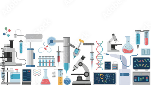 Science laboratory equipment icons: microscopes, DNA, test tubes, beakers, syringes, computer monitor, test tube