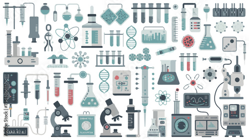 Science and research icons collection: microscopes, DNA, test tubes, flasks, syringes, molecules, atom, test tube