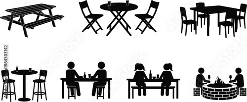 Vector silhouette set of people sitting at picnic tables, patio furniture, bar stools, and bonfire pit for outdoor summer dining