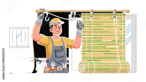 Installation of Window Blinds: A skilled craftsman expertly installs a bamboo blind, showcasing attention to detail and expertise in home improvement.