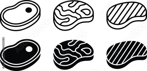 Meat icon set. Beef vector illustration. Steak symbol. BBQ sign. Raw meat pictogram. Grilled steak icon.