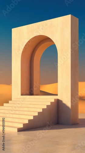 A minimalistic architectural structure with an arched entrance leading to soft desert dunes
