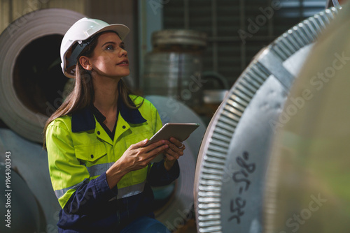 A woman worker wearing a yellow and blue safety vest is holding a tablet in a factory