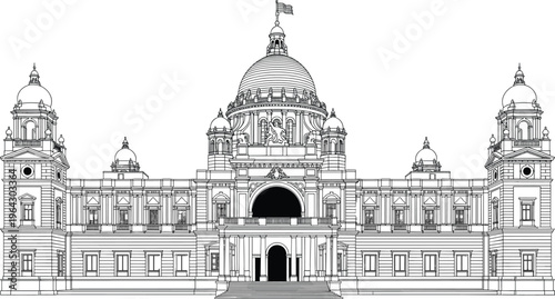 Victoria Memorial Kolkata India Architectural Line Art Illustration, Famous Landmark Monument Sketch Drawing, Historical Palace Building Icon, West Bengal Tourism Vector.
